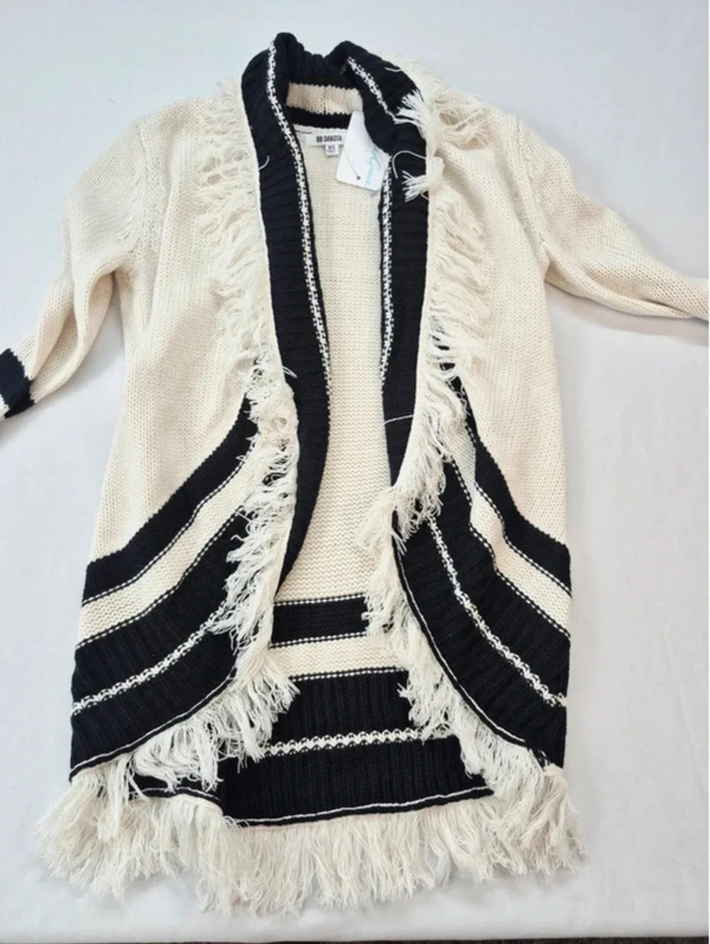 BB Dakota Oversize Ivory Black Stripe Knit Open Front Fringe Cardigan Women's XS